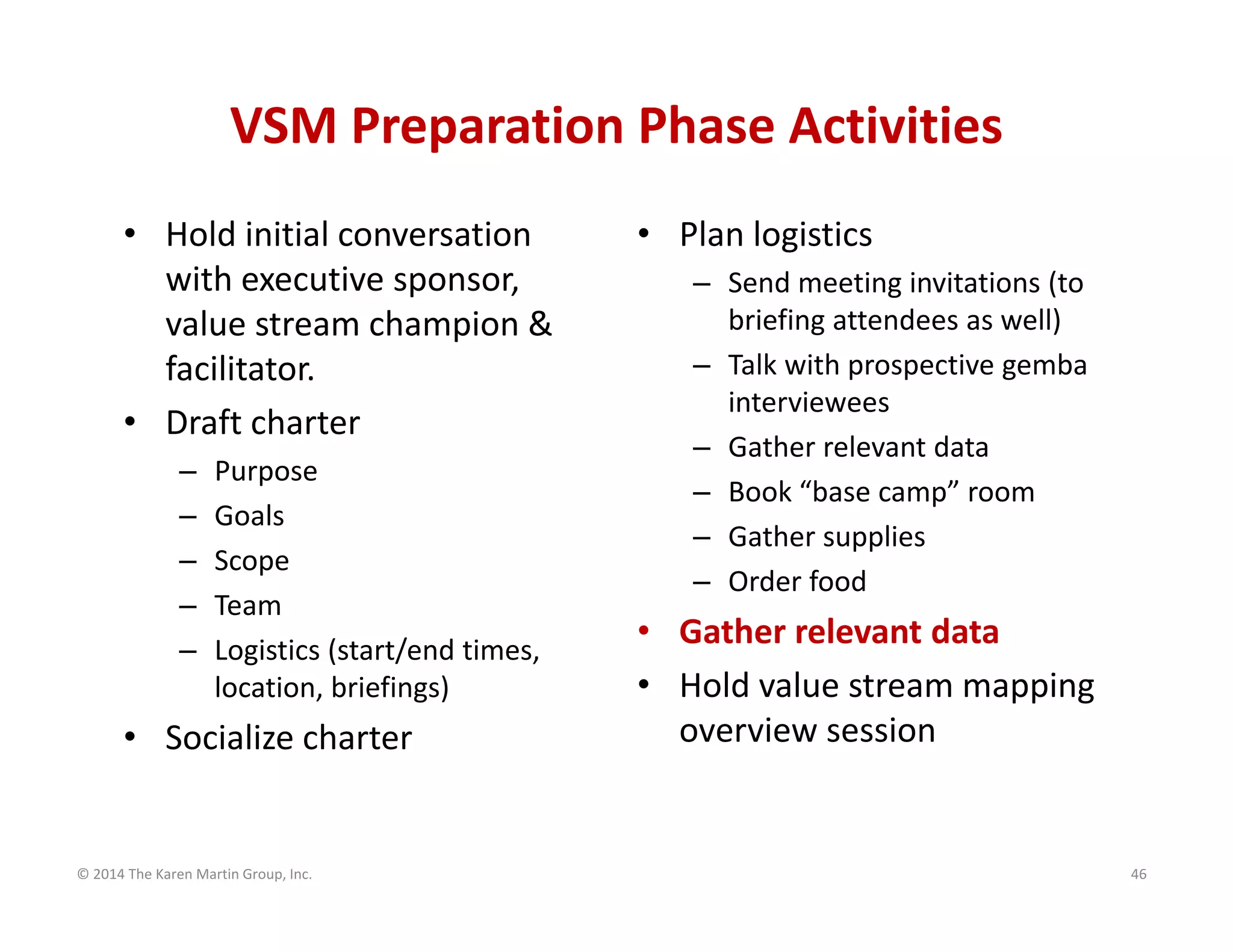 VSM Preparation Phase Activities
• Hold initial conversation 
with executive sponsor, 
value stream champion & 
facilitator.
• Draft charter
–
–
–
–
–

Purpose
Goals
Scope
Team
Logistics (start/end times, 
location, briefings)

• Socialize charter

© 2014 The Karen Martin Group, Inc.

• Plan logistics
– Send meeting invitations (to 
briefing attendees as well)
– Talk with prospective gemba 
interviewees
– Gather relevant data
– Book “base camp” room
– Gather supplies
– Order food

• Gather relevant data
• Hold value stream mapping 
overview session

46

 