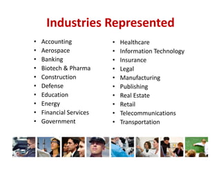 Industries Represented
•
•
•
•
•
•
•
•
•
•

Accounting
Aerospace
Banking
Biotech & Pharma
Construction
Defense
Education
E...
