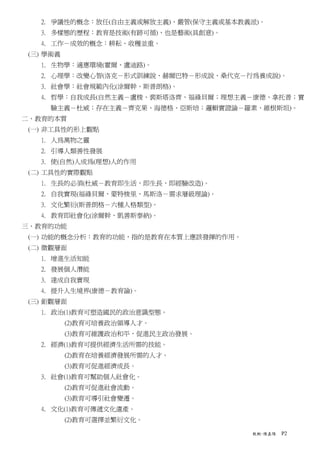 2. 爭議性的概念：放任(自由主義或解放主義)、嚴管(保守主義或基本教義派)。
   3. 多樣態的歷程：教育是技術(有跡可循)、也是藝術(具創意)。
   4. 工作－成效的概念：耕耘、收穫並重。
 (三) 學術義
   1. 生物學：適應環境(霍爾、盧迪路)。
   2. 心理學：改變心智(洛克－形式訓練說、赫爾巴特－形成說、桑代克－行為養成說)。
   3. 社會學：社會規範內化(涂爾幹、斯普朗格)。
   4. 哲學：自我成長(自然主義－盧梭、裴斯塔洛齊、福祿貝爾；理想主義－康德、拿托普；實
     驗主義－杜威；存在主義－齊克果、海德格、亞斯培；邏輯實證論－羅素、維根斯坦)。
二、教育的本質
 (一) 非工具性的形上觀點
   1. 人為萬物之靈
   2. 引導人類善性發展
   3. 使(自然)人成為(理想)人的作用
 (二) 工具性的實際觀點
   1. 生長的必須(杜威－教育即生活，即生長，即經驗改造)。
   2. 自我實現(福祿貝爾、蒙特梭里、馬斯洛－需求層級理論)。
   3. 文化繁衍(斯普朗格－六種人格類型)。
   4. 教育即社會化(涂爾幹、凱善斯泰納)。
三、教育的功能
 (一) 功能的概念分析：教育的功能，指的是教育在本質上應該發揮的作用。
 (二) 微觀層面
   1. 增進生活知能
   2. 發展個人潛能
   3. 達成自我實現
   4. 提升人生境界(康德－教育論)。
 (三) 鉅觀層面
   1. 政治(1)教育可塑造國民的政治意識型態。
           (2)教育可培養政治領導人才。
           (3)教育可維護政治和平，促進民主政治發展。
   2. 經濟(1)教育可提供經濟生活所需的技能。
           (2)教育在培養經濟發展所需的人才。
           (3)教育可促進經濟成長。
   3. 社會(1)教育可幫助個人社會化。
           (2)教育可促進社會流動。
           (3)教育可導引社會變遷。
   4. 文化(1)教育可傳遞文化遺產。
           (2)教育可選擇並繁衍文化。

                                       教概-陳嘉陽   P2
 