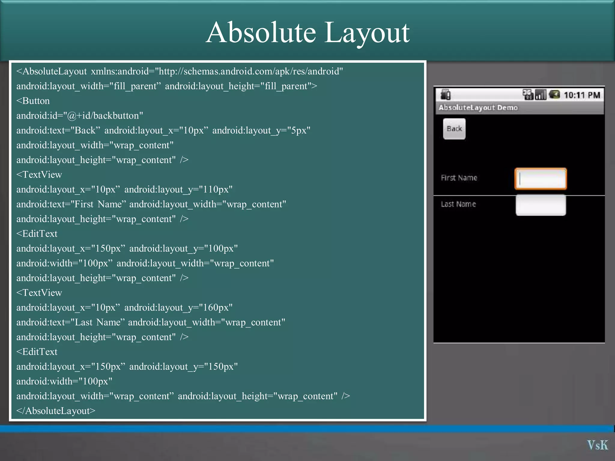 Absolute Layout
<AbsoluteLayout xmlns:android="http://schemas.android.com/apk/res/android"
android:layout_width="fill_parent” android:layout_height="fill_parent">
<Button
android:id="@+id/backbutton"
android:text="Back” android:layout_x="10px” android:layout_y="5px"
android:layout_width="wrap_content"
android:layout_height="wrap_content" />
<TextView
android:layout_x="10px” android:layout_y="110px"
android:text="First Name” android:layout_width="wrap_content"
android:layout_height="wrap_content" />
<EditText
android:layout_x="150px” android:layout_y="100px"
android:width="100px” android:layout_width="wrap_content"
android:layout_height="wrap_content" />
<TextView
android:layout_x="10px” android:layout_y="160px"
android:text="Last Name” android:layout_width="wrap_content"
android:layout_height="wrap_content" />
<EditText
android:layout_x="150px” android:layout_y="150px"
android:width="100px"
android:layout_width="wrap_content” android:layout_height="wrap_content" />
</AbsoluteLayout>
 