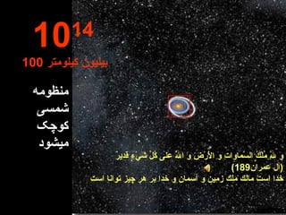 10 14   100  بیلیون کیلومتر منظومه شمسی  کوچک   میشود وَ لِلَّهِ مُلْكُ السَّماواتِ وَ الْأَرْضِ وَ اللَّهُ عَلى‏ كُلِّ شَيْ‏ءٍ قَديرٌ آل عمران 189) ) خدا است مالك ملك زمين و آسمان و خدا بر هر چيز توانا است 