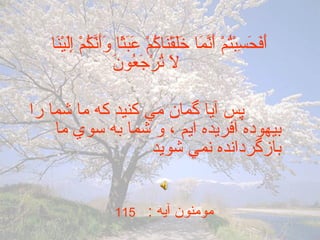        أَفَحَسِبْتُمْ أَنَّمَا خَلَقْنَاكُمْ عَبَثًا وَأَنَّكُمْ إِلَيْنَا  لَا تُرْجَعُونَ               پس آيا گمان مي كنيد كه ما شما را بيهوده آفريده ايم ، و شما به سوي ما بازگردانده نمي شويد مومنون  آيه  :    115   