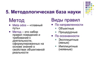 5. Методологическая база науки Метод Meta odos  – «главный путь» Метод  – это набор правил поведения и требований к деятельности, сформулированных на основе знаний о свойствах объективной реальности Виды правил По направленности Объектные Процедурные По осознанности Эксплицитные (явные) Имплицитные (неявные)  