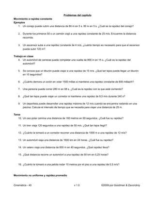 Problemas del capítulo
Movimiento a rapidez constante
Ejemplos
   1. Un conejo puede cubrir una distancia de 80 m en 5 s. 80 m en 5 s. ¿Cuál es la rapidez del conejo?

   2. Durante los primeros 50 s un camión viajó a una rapidez constante de 25 m/s. Encuentre la distancia
       recorrida.

   3. Un ascensor sube a una rapidez constante de 4 m/s, ¿cuánto tiempo es necesario para que el ascensor
       pueda subir 120 m?

Trabajo en clase
   4. Un automóvil de carreras puede completar una vuelta de 900 m en 15 s. ¿Cuál es la rapidez del
       automóvil?

   5. Se conoce que un tiburón puede viajar a una rapidez de 15 m/s. ¿Qué tan lejos puede llegar un tiburón
      en 10 segundos?

   6. ¿Cuánto demora un avión en volar 1500 millas si mantiene una rapidez constante de 600 millas/h?

   7. Una persona puede correr 280 m en 68 s. ¿Cuál es la rapidez con la que está corriendo?

   8. ¿Qué tan lejos puede viajar un corredor si mantiene una rapidez de 8,5 m/s durante 240 s?

   9. Un deportista puede desarrollar una rapidez máxima de 12 m/s cuando se encuentra nadando en una
      piscina. Calcule el intervalo de tiempo que se necesita para viajar una distancia de 25 m.

Tarea
    10. Un oso polar camina una distancia de 160 metros en 60 segundos. ¿Cuál fue su rapidez?

   11. Un tren viaja 120 segundos a una rapidez de 50 m/s. ¿Qué tan lejos llegó?

   12. ¿Cuánto le tomará a un corredor recorrer una distancia de 1000 m a una rapidez de 12 m/s?

   13. Un automóvil viaja una distancia de 1600 km en 24 horas. ¿Cuál fue su rapidez?

   14. Un velero viaja una distancia de 600 m en 40 segundos. ¿Qué rapidez lleva?

   15. ¿Qué distancia recorre un automóvil a una rapidez de 50 km en 0,25 horas?


   16. ¿Cuánto le tomará a una pelota rodar 10 metros por el piso a una rapidez de 0,5 m/s?



Movimiento no uniforme y rapidez promedio


Cinemática - 40                                    v 1.0                   ©2009 por Goodman & Zavorotniy
 