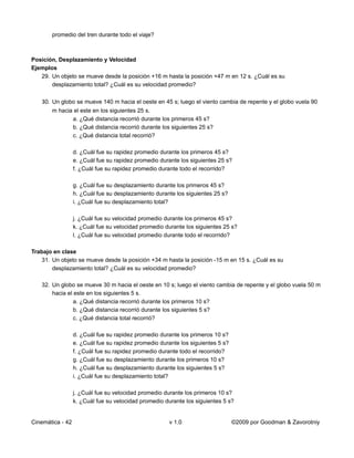 promedio del tren durante todo el viaje?



Posición, Desplazamiento y Velocidad
Ejemplos
   29. Un objeto se mueve desde la posición +16 m hasta la posición +47 m en 12 s. ¿Cuál es su
       desplazamiento total? ¿Cuál es su velocidad promedio?

   30. Un globo se mueve 140 m hacia el oeste en 45 s; luego el viento cambia de repente y el globo vuela 90
       m hacia el este en los siguientes 25 s.
              a. ¿Qué distancia recorrió durante los primeros 45 s?
              b. ¿Qué distancia recorrió durante los siguientes 25 s?
              c. ¿Qué distancia total recorrió?

                  d. ¿Cuál fue su rapidez promedio durante los primeros 45 s?
                  e. ¿Cuál fue su rapidez promedio durante los siguientes 25 s?
                  f. ¿Cuál fue su rapidez promedio durante todo el recorrido?

                  g. ¿Cuál fue su desplazamiento durante los primeros 45 s?
                  h. ¿Cuál fue su desplazamiento durante los siguientes 25 s?
                  i. ¿Cuál fue su desplazamiento total?

                  j. ¿Cuál fue su velocidad promedio durante los primeros 45 s?
                  k. ¿Cuál fue su velocidad promedio durante los siguientes 25 s?
                  l. ¿Cuál fue su velocidad promedio durante todo el recorrido?

Trabajo en clase
   31. Un objeto se mueve desde la posición +34 m hasta la posición -15 m en 15 s. ¿Cuál es su
       desplazamiento total? ¿Cuál es su velocidad promedio?

   32. Un globo se mueve 30 m hacia el oeste en 10 s; luego el viento cambia de repente y el globo vuela 50 m
       hacia el este en los siguientes 5 s.
                a. ¿Qué distancia recorrió durante los primeros 10 s?
                b. ¿Qué distancia recorrió durante los siguientes 5 s?
                c. ¿Qué distancia total recorrió?

                  d. ¿Cuál fue su rapidez promedio durante los primeros 10 s?
                  e. ¿Cuál fue su rapidez promedio durante los siguientes 5 s?
                  f. ¿Cuál fue su rapidez promedio durante todo el recorrido?
                  g. ¿Cuál fue su desplazamiento durante los primeros 10 s?
                  h. ¿Cuál fue su desplazamiento durante los siguientes 5 s?
                  i. ¿Cuál fue su desplazamiento total?

                  j. ¿Cuál fue su velocidad promedio durante los primeros 10 s?
                  k. ¿Cuál fue su velocidad promedio durante los siguientes 5 s?


Cinemática - 42                                        v 1.0                     ©2009 por Goodman & Zavorotniy
 