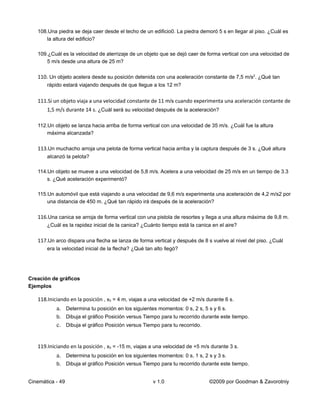 108.Una piedra se deja caer desde el techo de un edificio0. La piedra demoró 5 s en llegar al piso. ¿Cuál es
      la altura del edificio?

   109.¿Cuál es la velocidad de aterrizaje de un objeto que se dejó caer de forma vertical con una velocidad de
      5 m/s desde una altura de 25 m?

   110. Un objeto acelera desde su posición detenida con una aceleración constante de 7,5 m/s2. ¿Qué tan
       rápido estará viajando después de que llegue a los 12 m?


   111.Si un objeto viaja a una velocidad constante de 11 m/s cuando experimenta una aceleración contante de
       1,5 m/s durante 14 s. ¿Cuál será su velocidad después de la aceleración?

   112.Un objeto se lanza hacia arriba de forma vertical con una velocidad de 35 m/s. ¿Cuál fue la altura
       máxima alcanzada?

   113.Un muchacho arroja una pelota de forma vertical hacia arriba y la captura después de 3 s. ¿Qué altura
       alcanzó la pelota?

   114.Un objeto se mueve a una velocidad de 5,8 m/s. Acelera a una velocidad de 25 m/s en un tiempo de 3.3
       s. ¿Qué aceleración experimentó?

   115.Un automóvil que está viajando a una velocidad de 9,6 m/s experimenta una aceleración de 4,2 m/s2 por
       una distancia de 450 m. ¿Qué tan rápido irá después de la aceleración?

   116.Una canica se arroja de forma vertical con una pistola de resortes y llega a una altura máxima de 9,8 m.
       ¿Cuál es la rapidez inicial de la canica? ¿Cuánto tiempo está la canica en el aire?

   117.Un arco dispara una flecha se lanza de forma vertical y después de 8 s vuelve al nivel del piso. ¿Cuál
       era la velocidad inicial de la flecha? ¿Qué tan alto llegó?




Creación de gráficos
Ejemplos

   118.Iniciando en la posición , x0 = 4 m, viajas a una velocidad de +2 m/s durante 6 s.
           a. Determina tu posición en los siguientes momentos: 0 s, 2 s, 5 s y 6 s.
           b. Dibuja el gráfico Posición versus Tiempo para tu recorrido durante este tiempo.
           c. Dibuja el gráfico Posición versus Tiempo para tu recorrido.


   119.Iniciando en la posición , x0 = -15 m, viajas a una velocidad de +5 m/s durante 3 s.
           a. Determina tu posición en los siguientes momentos: 0 s, 1 s, 2 s y 3 s.
           b. Dibuja el gráfico Posición versus Tiempo para tu recorrido durante este tiempo.


Cinemática - 49                                       v 1.0                   ©2009 por Goodman & Zavorotniy
 