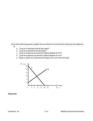 130.A continuación se presenta un gráfico de la velocidad como una función de tiempo para dos objetos A y
      B.
          a. ¿Cuál es la velocidad inicial de cada objeto?
          b. ¿Cuál es la aceleración de cada objeto?
          c. ¿Cuál es la distancia que recorrió el objeto A después de 10 s?
           d. ¿Cuál es la distancia que recorrió el objeto B después de 12 s?
           e. Dibuja un gráfico de la aceleración del objeto como una función de tiempo.




Respuestas




Cinemática - 54                                    v 1.0                   ©2009 por Goodman & Zavorotniy
 