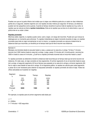 10                   1                 10
         1                  0,1                10
       0,1                 0,01                10
       0,01               0,001                10
      0,001               0,0001               10

Puedes ver que en la parte inferior de la tabla que si viajas una milésima parte de un metro en diez milésimas
partes de un segundo, estarás viajando con una rapidez de diez metros por segundo. El tiempo y la distancia
puedan ser tan pequeños como quieras. Cuando el tiempo durante el cual se mide la rapidez es muy corto, la
rapidez que se calcula se llama rapidez instantánea. Esta es la rapidez que se lee en el velocímetro o que un
policía lee en su radar o láser.

Rapidez promedio
Mientras estés viajando, tu rapidez puede variar, subir y bajar, a lo largo del recorrido. Puede ser que incluso te
detengas por un momento para almorzar. Tu rapidez instantánea en algún momento durante el viaje y tu rapidez
promedio para todo el viaje normalmente no son lo mismo. La rapidez promedio se calcula al determinar la
distancia total que recorriste y al dividirla por el tiempo total que te llevó recorrer esa distancia.
_________________________________________________________________________________________
Ejemplo 4:
Manejas una bicicleta desde la escuela hasta tu casa, y pasas por la casa de un amigo. Te lleva 7 minutos
recorrer los 2.500 metros hasta la casa de tu amigo. Luego, pasas 10 minutos allí. A continuación, recorres los
3500 m hasta tu casa en 9 minutos. ¿Cuál fue tu rapidez promedio durante todo el recorrido hasta tu casa?

Tu rapidez promedio se obtendrá al dividir la distancia total recorrida por el tiempo total que te tomó recorrer tal
distancia. En este caso, el viaje consistía en tres segmentos. El primer segmento (I) es el recorrido hasta la casa
de tu amigo, el segundo segmento (II) fue el tiempo que pasaste en la casa de tu amigo y el tercer segmento (III)
fue tu viaje a casa desde la casa de tu amigo. En el siguiente gráfico, la rapidez se calcula para cada segmento,
a pesar de no ser necesaria para obtener la respuesta solicitada: la rapidez promedio de todo el viaje. Todas las
cifras calculadas se muestran en negritas.

 Segment
                 Distancia          Tiempo             Rapidez
    o
                    (m)               (s)                (m/s)
      I            2500               420                 6,0
     II              0                600                 0,0
    III            3500               540                 6,5
  Total /
 Promedi           6000               1560                3,8
     o

Por ejemplo, la rapidez para el primer segmento está dada por:

r=?
d = 2500m
t = 7 minutos = 420 segundos




Cinemática - 7                                         v 1.0                    ©2009 por Goodman & Zavorotniy
 