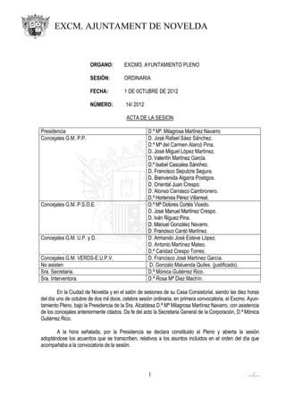 EXCM. AJUNTAMENT DE NOVELDA



                        ORGANO:         EXCMO. AYUNTAMIENTO PLENO

                        SESIÓN:         ORDINARIA

                        FECHA:          1 DE 0CTUBRE DE 2012

                        NÚMERO:          14/ 2012

                                         ACTA DE LA SESION

Presidencia                                         D.ª Mª. Milagrosa Martínez Navarro
Concejales G.M. P.P.                                D. José Rafael Sáez Sánchez.
                                                    D.ª Mª del Carmen Alarcó Pina.
                                                    D. José Miguel López Martínez.
                                                    D. Valentín Martínez García.
                                                    D.ª Isabel Cascales Sánchez.
                                                    D. Francisco Sepulcre Segura.
                                                    D. Bienvenida Algarra Postigos.
                                                    D. Oriental Juan Crespo.
                                                    D. Alonso Carrasco Cambronero.
                                                    D.ª Hortensia Pérez Villarreal.
Concejales G.M. P.S.O.E.                            D.ª Mª Dolores Cortés Vicedo.
                                                    D. José Manuel Martínez Crespo.
                                                    D. Iván Ñíguez Pina.
                                                    D. Manuel González Navarro.
                                                    D. Francisco Cantó Martínez.
Concejales G.M. U.P. y D.                           D. Armando José Esteve López.
                                                    D. Antonio Martínez Mateo.
                                                    D.ª Caridad Crespo Torres.
Concejales G.M. VERDS-E.U.P.V.                      D. Francisco José Martínez García.
No asisten                                          D. Gonzalo Maluenda Quiles. (justificado).
Sra. Secretaria.                                    D.ª Mónica Gutiérrez Rico.
Sra. Interventora.                                  D.ª Rosa Mª Diez Machín.

        En la Ciudad de Novelda y en el salón de sesiones de su Casa Consistorial, siendo las diez horas
del día uno de octubre de dos mil doce, celebra sesión ordinaria, en primera convocatoria, el Excmo. Ayun-
tamiento Pleno, bajo la Presidencia de la Sra. Alcaldesa D.ª Mª Milagrosa Martínez Navarro, con asistencia
de los concejales anteriormente citados. Da fe del acto la Secretaria General de la Corporación, D.ª Mónica
Gutiérrez Rico.

       A la hora señalada, por la Presidencia se declara constituido el Pleno y abierta la sesión
adoptándose los acuerdos que se transcriben, relativos a los asuntos incluidos en el orden del día que
acompañaba a la convocatoria de la sesión.




                                                    1                                                .../...
 