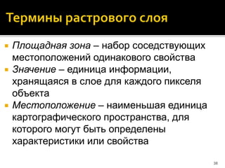  Площадная зона – набор соседствующих
местоположений одинакового свойства
 Значение – единица информации,
хранящаяся в слое для каждого пикселя
объекта
 Местоположение – наименьшая единица
картографического пространства, для
которого могут быть определены
характеристики или свойства
38
 