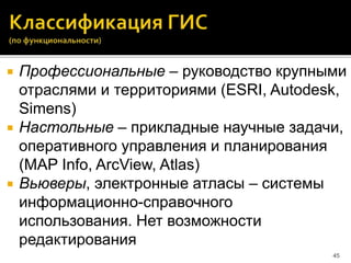  Профессиональные – руководство крупными
отраслями и территориями (ESRI, Autodesk,
Simens)
 Настольные – прикладные научные задачи,
оперативного управления и планирования
(MAP Info, ArcView, Atlas)
 Вьюверы, электронные атласы – системы
информационно-справочного
использования. Нет возможности
редактирования
45
 