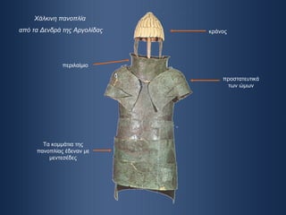 Χάλκινη πανοπλία  από τα Δενδρά της Αργολίδας προστατευτικά των ώμων περιλαίμιο κράνος Τα κομμάτια της πανοπλίας έδεναν με μεντεσέδες 