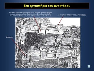 Στα εργαστήρια του ανακτόρου Ανατολική πτέρυγα του ανακτόρου Τα ανακτορικά εργαστήρια: στο ισόγειο ήταν οι χώροι των εργαστηρίων και στον όροφο έμεναν οι τεχνίτες Φυλάκιο 