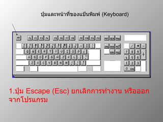 ปุ่มและหน้าที่ของแป้นพิมพ์  ( Keyboard) 1. ปุ่ม  Escape (Esc)  ยกเลิกการทำงาน หรือออกจากโปรแกรม 