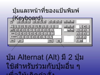 ปุ่มและหน้าที่ของแป้นพิมพ์  ( Keyboard) ปุ่ม  Alternat (Alt)  มี  2  ปุ่ม ใช้สำหรับร่วมกับปุ่มอื่น ๆ เพื่อให้เกิดคำสั่ง 