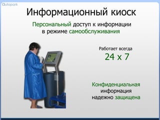 Информационный киоск Персональный  доступ к информации в режиме  самообслуживания   Работает всегда   24 х 7 Конфиденциальная  информация надежно  защищена 