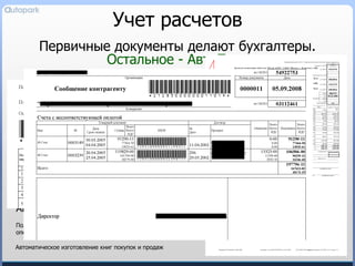 Учет расчетов Первичные документы делают бухгалтеры. Остальное - АвтоПарк Автоматический учет НДС на основе первичных документов Глубокая интеграция с учетом заказных перевозок Ведение реестров контрагентов и договоров. Генерация «бумажных» договоров, приложений, актов  Автоматизированное изготовление счетов, актов и счетов-фактур  Автоматизированная генерация платежных документов на основе счетов  Автоматизированное распределение поступающих платежей  Полная реализация порядка отнесения сумм НДС на затраты по производству и реализации при осуществлении операций, не облагаемых НДС (социальные маршрутные перевозки) Автоматическое изготовление книг покупок и продаж  Учет расчетных балансов с контрагентами в разрезе заключенных договоров  