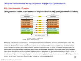 38
(©) Владислав Лавров, vlavrov.com
Абстрагирование. Пример
Семиуровневая модель взаимодействия открытых систем OSI (Open System Interconnection)
Эмпирико-теоретические методы получения информации (продолжение)
Благодаря разделению на уровни задача сетевого взаимодействия разбивается на несколько более мелких задач. Это
позволяет при разработке новых способов и инструментов сетевого взаимодействия не создавать их заново целиком и
полностью, а использовать уже готовые решения, заменив только некоторые его части. Непосредственно друг с другом
компьютеры (открытые системы) взаимодействуют только на физическом уровне. Все остальные уровни подготавливают
данные для передачи или контролируют саму передачу данных. Напрямую эти уровни взаимодействуют только с выше- и
нижележащими уровнями: пользуются услугами нижележащего и предоставляют услуги вышележащему. Друг с другом такие
уровни контактируют косвенным образом, через посредство нижележащих уровней
 