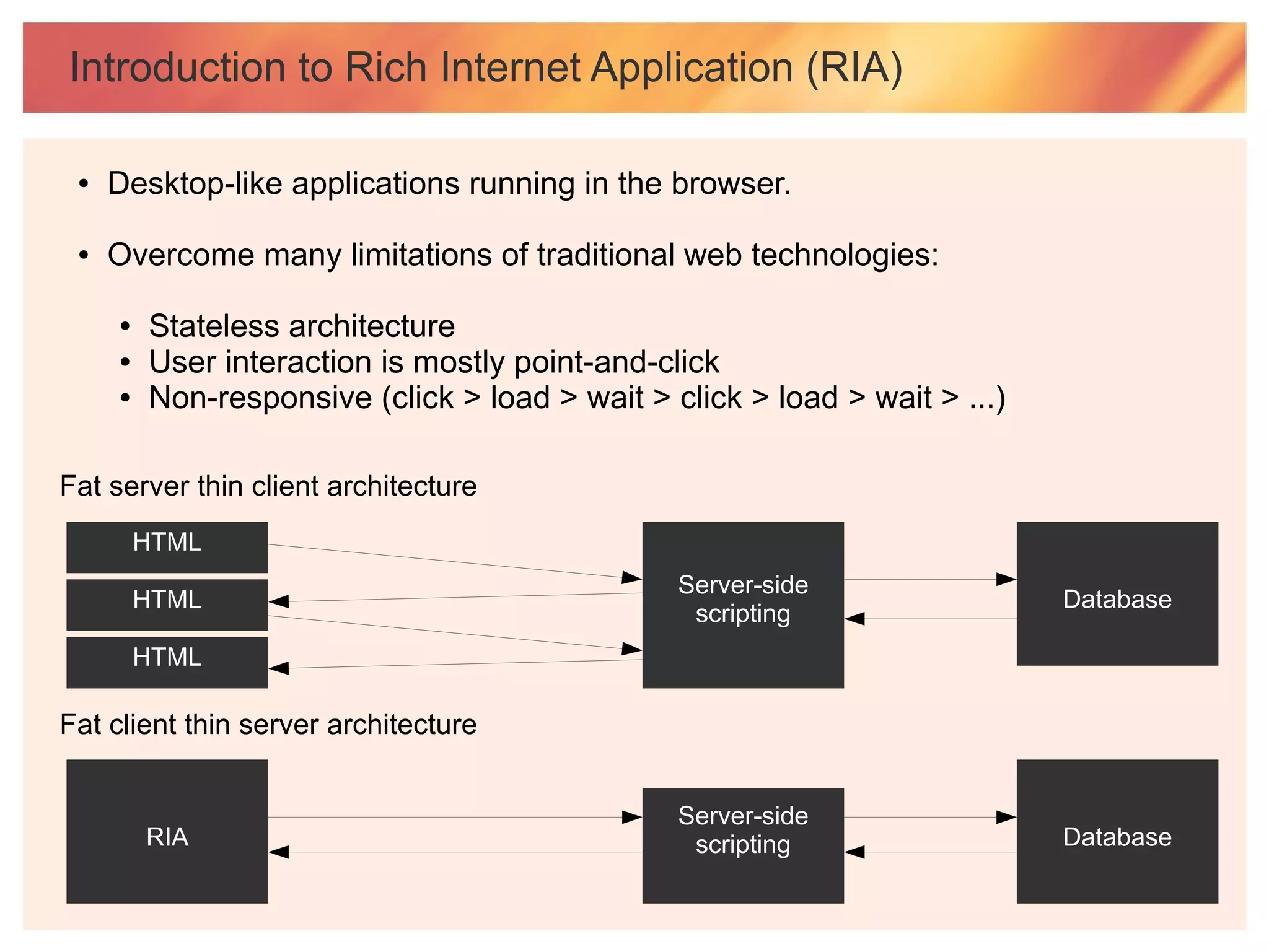 Introduction to Rich Internet Application (RIA)

 ●   Desktop-like applications running in the browser.

 ●   Overcome many limitations of traditional web technologies:

     ●   Stateless architecture
     ●   User interaction is mostly point-and-click
     ●   Non-responsive (click > load > wait > click > load > wait > ...)

Fat server thin client architecture
         HTML
                                                Server-side
         HTML                                                               Database
                                                 scripting
         HTML

Fat client thin server architecture


                                                Server-side
         RIA                                     scripting                  Database
 