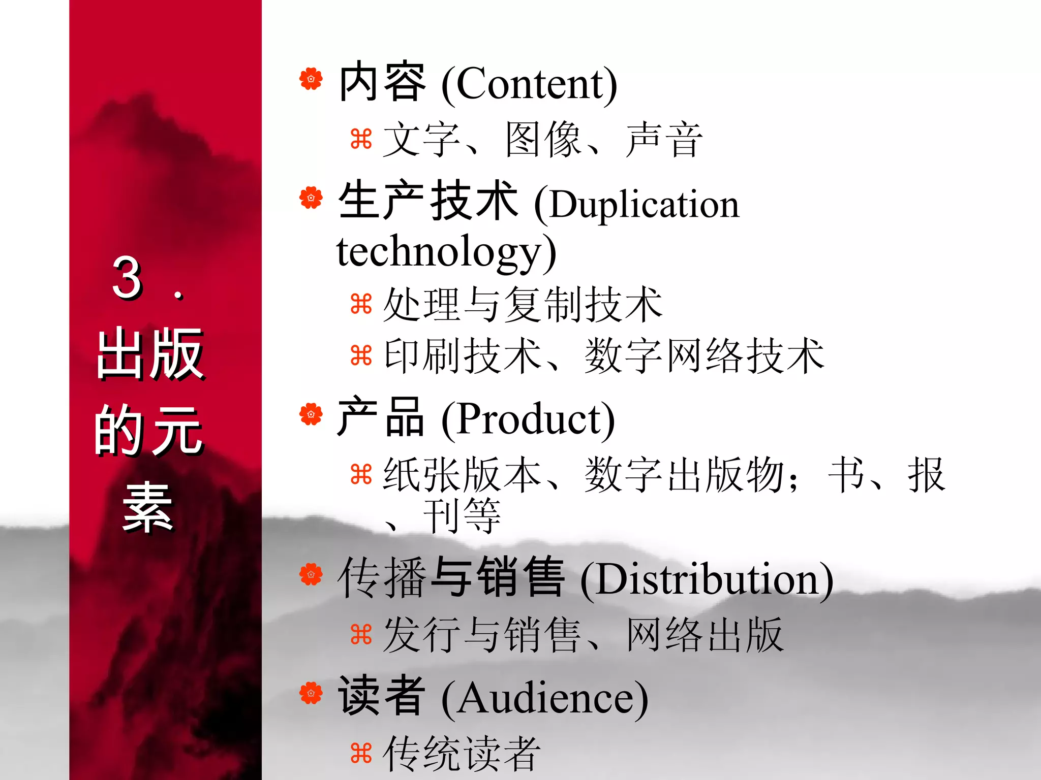 ３ . 出版的元素 内容 (Content) 文字、图像、声音 生产技术 ( Duplication  technology) 处理与复制技术 印刷技术、 数字 网络技术 产品 (Product) 纸张版本、 数字出版物；书、报、刊等 传播 与销售 (Distribution) 发行与销售、网络出版 读者 (Audience) 传统读者 读者亦是内容供应者（ web 2.0 ） 