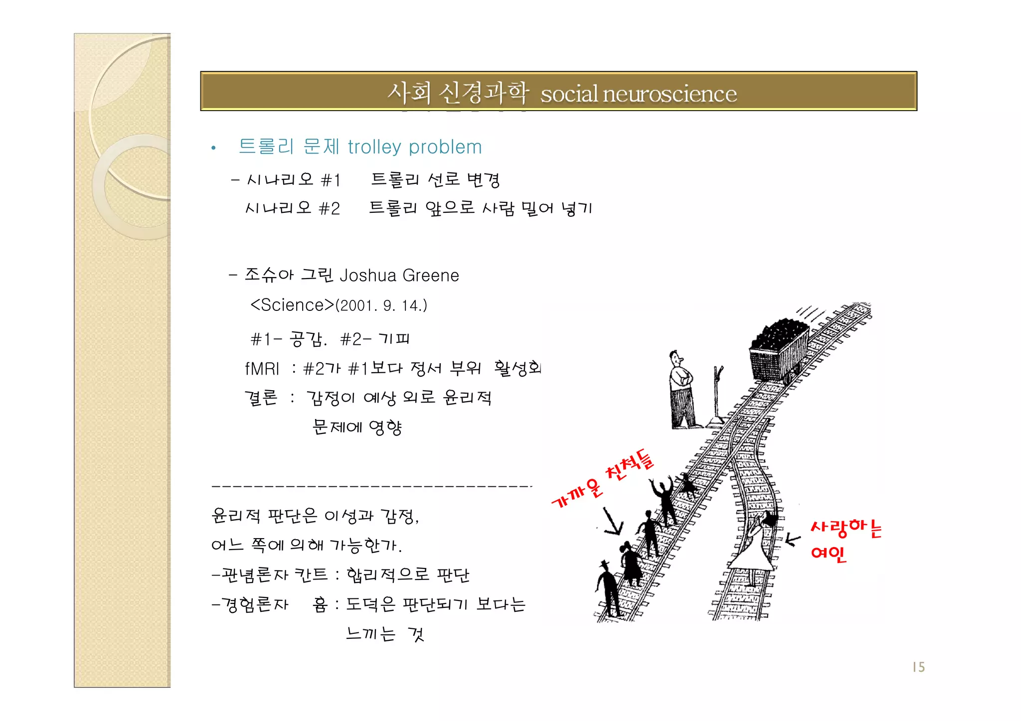 •   트롤리 문제 trolley problem
    - 시나리오 #1        트롤리 선로 변경
     시나리오 #2         트롤리 앞으로 사람 밀어 넣기


    - 조슈아 그린 Joshua Greene
      <Science>(2001. 9. 14.)

      #1- 공감. #2- 기피
     fMRI : #2가 #1보다 정서 부위 활성화
     결론 : 감정이 예상 외로 윤리적
             문제에 영향


                                      친척들
-------------------------------------------------
                                    운
윤리적 판단은 이성과 감정,                  가까
                                                    사랑하는
어느 쪽에 의해 가능한가.
                                                    여인
-관념론자 칸트 : 합리적으로 판단
-경험론자        흄 : 도덕은 판단되기 보다는
                  느끼는 것
                                                           15
 