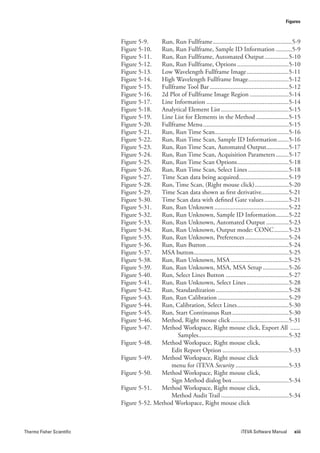 Figures



                           Figure 5-9.    Run, Run Fullframe .................................................5-9
                           Figure 5-10.   Run, Run Fullframe, Sample ID Information ..........5-9
                           Figure 5-11.   Run, Run Fullframe, Automated Output ...............5-10
                           Figure 5-12.   Run, Run Fullframe, Options ................................5-10
                           Figure 5-13.   Low Wavelength Fullframe Image ..........................5-11
                           Figure 5-14.   High Wavelength Fullframe Image .........................5-12
                           Figure 5-15.   Fullframe Tool Bar .................................................5-12
                           Figure 5-16.   2d Plot of Fullframe Image Region ........................5-14
                           Figure 5-17.   Line Information ...................................................5-14
                           Figure 5-18.   Analytical Element List ..........................................5-15
                           Figure 5-19.   Line List for Elements in the Method ....................5-15
                           Figure 5-20.   Fullframe Menu .....................................................5-15
                           Figure 5-21.   Run, Run Time Scan..............................................5-16
                           Figure 5-22.   Run, Run Time Scan, Sample ID Information .......5-16
                           Figure 5-23.   Run, Run Time Scan, Automated Output..............5-17
                           Figure 5-24.   Run, Run Time Scan, Acquisition Parameters ........5-17
                           Figure 5-25.   Run, Run Time Scan Options ................................5-18
                           Figure 5-26.   Run, Run Time Scan, Select Lines .........................5-18
                           Figure 5-27.   Time Scan data being acquired...............................5-19
                           Figure 5-28.   Run, Time Scan, (Right mouse click) .....................5-20
                           Figure 5-29.   Time Scan data shown as first derivative.................5-21
                           Figure 5-30.   Time Scan data with defined Gate values ...............5-21
                           Figure 5-31.   Run, Run Unknown ..............................................5-22
                           Figure 5-32.   Run, Run Unknown, Sample ID Information........5-22
                           Figure 5-33.   Run, Run Unknown, Automated Output ..............5-23
                           Figure 5-34.   Run, Run Unknown, Output mode: CONC .........5-23
                           Figure 5-35.   Run, Run Unknown, Preferences ...........................5-24
                           Figure 5-36.   Run, Run Button ...................................................5-24
                           Figure 5-37.   MSA button...........................................................5-25
                           Figure 5-38.   Run, Run Unknown, MSA ....................................5-25
                           Figure 5-39.   Run, Run Unknown, MSA, MSA Setup ................5-26
                           Figure 5-40.   Run, Select Lines Button .......................................5-27
                           Figure 5-41.   Run, Run Unknown, Select Lines ..........................5-28
                           Figure 5-42.   Run, Standardization .............................................5-28
                           Figure 5-43.   Run, Run Calibration ............................................5-29
                           Figure 5-44.   Run, Calibration, Select Lines ................................5-30
                           Figure 5-45.   Run, Start Continuous Run ...................................5-30
                           Figure 5-46.   Method, Right mouse click ....................................5-31
                           Figure 5-47.   Method Workspace, Right mouse click, Export All ......
                                                 Samples........................................................5-32
                           Figure 5-48.   Method Workspace, Right mouse click,
                                              Edit Report Option .........................................5-33
                           Figure 5-49.   Method Workspace, Right mouse click
                                              menu for iTEVA Security .................................5-33
                           Figure 5-50.   Method Workspace, Right mouse click,
                                              Sign Method dialog box ...................................5-34
                           Figure 5-51.   Method Workspace, Right mouse click,
                                              Method Audit Trail ..........................................5-34
                           Figure 5-52. Method Workspace, Right mouse click



Thermo Fisher Scientific                                                              iTEVA Software Manual     xiii
 