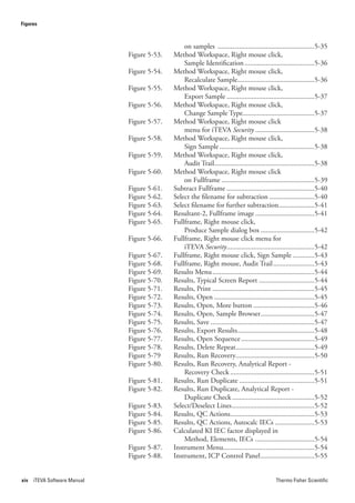 Figures



                                                 on samples ......................................................5-35
                              Figure 5-53.   Method Workspace, Right mouse click,
                                                 Sample Identification .......................................5-36
                              Figure 5-54.   Method Workspace, Right mouse click,
                                                 Recalculate Sample...........................................5-36
                              Figure 5-55.   Method Workspace, Right mouse click,
                                                 Export Sample .................................................5-37
                              Figure 5-56.   Method Workspace, Right mouse click,
                                                 Change Sample Type........................................5-37
                              Figure 5-57.   Method Workspace, Right mouse click
                                                 menu for iTEVA Security .................................5-38
                              Figure 5-58.   Method Workspace, Right mouse click,
                                                 Sign Sample .....................................................5-38
                              Figure 5-59.   Method Workspace, Right mouse click,
                                                 Audit Trail........................................................5-38
                              Figure 5-60.   Method Workspace, Right mouse click
                                                 on Fullframe ....................................................5-39
                              Figure 5-61.   Subtract Fullframe .................................................5-40
                              Figure 5-62.   Select the filename for subtraction .........................5-40
                              Figure 5-63.   Select filename for further subtraction....................5-41
                              Figure 5-64.   Resultant-2, Fullframe image .................................5-41
                              Figure 5-65.   Fullframe, Right mouse click,
                                                 Produce Sample dialog box ..............................5-42
                              Figure 5-66.   Fullframe, Right mouse click menu for
                                                 iTEVA Security .................................................5-42
                              Figure 5-67.   Fullframe, Right mouse click, Sign Sample ............5-43
                              Figure 5-68.   Fullframe, Right mouse, Audit Trail .......................5-43
                              Figure 5-69.   Results Menu .........................................................5-44
                              Figure 5-70.   Results, Typical Screen Report ...............................5-44
                              Figure 5-71.   Results, Print .........................................................5-45
                              Figure 5-72.   Results, Open ........................................................5-45
                              Figure 5-73.   Results, Open, More button ..................................5-46
                              Figure 5-74.   Results, Open, Sample Browser ..............................5-47
                              Figure 5-75.   Results, Save ..........................................................5-47
                              Figure 5-76.   Results, Export Results ...........................................5-48
                              Figure 5-77.   Results, Open Sequence .........................................5-49
                              Figure 5-78.   Results, Delete Repeat............................................5-49
                              Figure 5-79    Results, Run Recovery............................................5-50
                              Figure 5-80.   Results, Run Recovery, Analytical Report -
                                                 Recovery Check ...............................................5-51
                              Figure 5-81.   Results, Run Duplicate ..........................................5-51
                              Figure 5-82.   Results, Run Duplicate, Analytical Report -
                                                 Duplicate Check ..............................................5-52
                              Figure 5-83.   Select/Deselect Lines ..............................................5-52
                              Figure 5-84.   Results, QC Actions...............................................5-53
                              Figure 5-85.   Results, QC Actions, Autocalc IECs ......................5-53
                              Figure 5-86.   Calculated KI IEC factor displayed in
                                                 Method, Elements, IECs .................................5-54
                              Figure 5-87.   Instrument Menu...................................................5-54
                              Figure 5-88.   Instrument, ICP Control Panel ..............................5-55


xiv   iTEVA Software Manual                                                                    Thermo Fisher Scientific
 