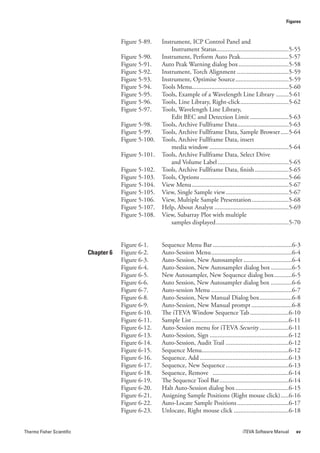 Figures



                                       Figure 5-89.    Instrument, ICP Control Panel and
                                                           Instrument Status.............................................5-55
                                       Figure 5-90.    Instrument, Perform Auto Peak..............................5-57
                                       Figure 5-91.    Auto Peak Warning dialog box ...............................5-58
                                       Figure 5-92.    Instrument, Torch Alignment ................................5-59
                                       Figure 5-93.    Instrument, Optimise Source .................................5-59
                                       Figure 5-94.    Tools Menu............................................................5-60
                                       Figure 5-95.    Tools, Example of a Wavelength Line Library ........5-61
                                       Figure 5-96.    Tools, Line Library, Right-click ..............................5-62
                                       Figure 5-97.    Tools, Wavelength Line Library,
                                                           Edit BEC and Detection Limit ........................5-63
                                       Figure 5-98.    Tools, Archive Fullframe Data................................5-63
                                       Figure 5-99.    Tools, Archive Fullframe Data, Sample Browser .....5-64
                                       Figure 5-100.   Tools, Archive Fullframe Data, insert
                                                           media window .................................................5-64
                                       Figure 5-101.   Tools, Archive Fullframe Data, Select Drive
                                                           and Volume Label ............................................5-65
                                       Figure 5-102.   Tools, Archive Fullframe Data, finish .....................5-65
                                       Figure 5-103.   Tools, Options .......................................................5-66
                                       Figure 5-104.   View Menu ............................................................5-67
                                       Figure 5-105.   View, Single Sample view .......................................5-67
                                       Figure 5-106.   View, Multiple Sample Presentation .......................5-68
                                       Figure 5-107.   Help, About Analyst ..............................................5-69
                                       Figure 5-108.   View, Subarray Plot with multiple
                                                           samples displayed .............................................5-70


                                       Figure 6-1.     Sequence Menu Bar .................................................6-3
                           Chapter 6   Figure 6-2.     Auto-Session Menu ..................................................6-4
                                       Figure 6-3.     Auto-Session, New Autosampler ..............................6-4
                                       Figure 6-4.     Auto-Session, New Autosampler dialog box .............6-5
                                       Figure 6-5.     New Autosampler, New Sequence dialog box ...........6-5
                                       Figure 6-6.     Auto Session, New Autosampler dialog box .............6-6
                                       Figure 6-7.     Auto-session Menu ..................................................6-7
                                       Figure 6-8.     Auto-Session, New Manual Dialog box ....................6-8
                                       Figure 6-9.     Auto-Session, New Manual prompt .........................6-8
                                       Figure 6-10.    The iTEVA Window Sequence Tab ........................6-10
                                       Figure 6-11.    Sample List ............................................................6-11
                                       Figure 6-12.    Auto-Session menu for iTEVA Security ..................6-11
                                       Figure 6-13.    Auto-Session, Sign .................................................6-12
                                       Figure 6-14.    Auto-Session, Audit Trail .......................................6-12
                                       Figure 6-15.    Sequence Menu......................................................6-12
                                       Figure 6-16.    Sequence, Add .......................................................6-13
                                       Figure 6-17.    Sequence, New Sequence .......................................6-13
                                       Figure 6-18.    Sequence, Remove ...............................................6-14
                                       Figure 6-19.    The Sequence Tool Bar ...........................................6-14
                                       Figure 6-20.    Halt Auto-Session dialog box .................................6-15
                                       Figure 6-21.    Assigning Sample Positions (Right mouse click) .....6-16
                                       Figure 6-22.    Auto-Locate Sample Positions ................................6-17
                                       Figure 6-23.    Unlocate, Right mouse click ..................................6-18


Thermo Fisher Scientific                                                                           iTEVA Software Manual        xv
 
