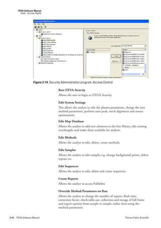 iTEVA Software Manual
           Tools - Access Rights




                       Figure 2-14. Security Administration program, Access Control

                                         Run iTEVA Security
                                         Allows the user to login to iTEVA Security..

                                         Edit System Settings
                                         This allows the analyst to edit the plasma parameters, change the new
                                         method parameters, perform auto peak, torch alignment and source
                                         optimisation.
                                         Edit Map Database
                                         Allows the analyst to add new elements to the line library, edit existing
                                         wavelengths and make them available for analysis.

                                         Edit Methods
                                         Allows the analyst to edit, delete, create methods.

                                         Edit Samples
                                         Allows the analyst to edit samples e.g. change background points, delete
                                         repeats etc.

                                         Edit Sequences
                                         Allows the analyst to edit, delete and create sequences.

                                         Create Reports
                                         Allows the analyst to access Publisher.

                                         Override Method Parameters on Run
                                         Allows the analyst to change the number of repeats, flush time,
                                         correction factor, check table use, collection and storage of full frame
                                         and export options from sample to sample, rather than using the
                                         method parameters.


2-14   iTEVA Software Manual                                                                    Thermo Fisher Scientific
 
