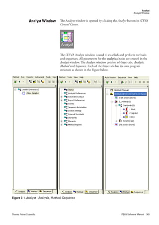 Analyst
                                                                                                  Analyst Window


                 Analyst Window     The Analyst window is opened by clicking the Analyst button in iTEVA.
                                    Control.Center.




                                    The iTEVA Analyst window is used to establish and perform methods
                                    and sequences. All parameters for the analytical tasks are created in the
                                    Analyst window. The Analyst window consists of three tabs, Analysis,.
                                    Method.and.Sequence. Each of the three tabs has its own program
                                    structure as shown in the Figure below.




Figure 3-1. Analyst - Analysis, Method, Sequence




Thermo Fisher Scientific                                                               iTEVA Software Manual 3-3
 