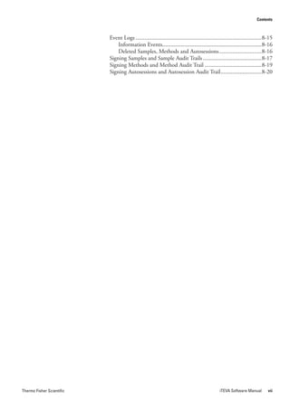 Contents



                           Event Logs ......................................................................................8-15
                               Information Events....................................................................8-16
                               Deleted Samples, Methods and Autosessions .............................8-16
                           Signing Samples and Sample Audit Trails ........................................8-17
                           Signing Methods and Method Audit Trail .......................................8-19
                           Signing Autosessions and Autosession Audit Trail ............................8-20




Thermo Fisher Scientific                                                                       iTEVA Software Manual         vii
 
