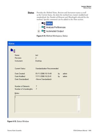 Analyst, Method
                                                                                                  Method New


                           Status   Provides the Method.Name,.Revision.and.Instrument names as well
                                    as the Current.Status, the dates the method was created,.modified.and
                                    standardized,.the.Number.of.Elements.and Wavelengths selected for the
                                    method. Specific comments can be added to the Notes section.




                                    Figure 4-14. Method Workspace, Status




Figure 4-15. Status Window



Thermo Fisher Scientific                                                            iTEVA Software Manual 4-11
 
