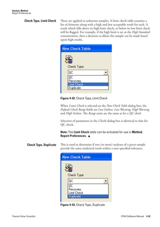Analyst, Method
Report Preferences


            Check Type, Limit Check    These are applied to unknown samples. A limit check table contains a
                                       list of elements along with a high and low acceptable result for each. A
                                       result which falls above its high limit check, or below its low limit check
                                       will be flagged. For example, if the high limit is set at the High.Standard
                                       concentration, then a decision to dilute the sample can be made based
                                       upon high results.




                                       Figure 4-42. Check Type, Limit Check

                                       When Limit.Check is selected on the New.Check.Table dialog box, the
                                       Default.Check.Range fields are Low.Failure,.Low.Warning,.High.Warning
                                       and High.Failure. The Range units are the same as for a QC.check.

                                       Selection of parameters in the Checks dialog box is identical to that for
                                       QC check.

                                       Note: The Limit Check table can be activated for use in Method,
                                       Report Preferences. 

               Check Type, Duplicate   This is used to determine if two (or more) analyses of a given sample
                                       provide the same analytical result within a user-specified tolerance.




                                       Figure 4-43. Check Type, Duplicate


Thermo Fisher Scientific                                                                 iTEVA Software Manual 4-32
 