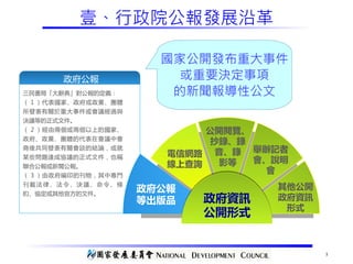 5
壹、行政院公報發展沿革
政府公報
政府資訊
公開形式
政府公報
等出版品
電信網路
線上查詢
公開閱覽、
抄錄、錄
音、錄
影等
舉辦記者
會、說明
會
其他公開
政府資訊
形式
三民書局「大辭典」對公報的定義：
（ 1 ）代表國家、政府或政黨、團體
所發表有關於重大事件或會議經過與
決議等的正式文件。
（ 2 ）經由兩個或兩個以上的國家、
政府、政黨、團體的代表在會議中會
商後共同發表有關會談的結論，或就
某些問題達成協議的正式文件，也稱
聯合公報或新聞公報。
（ 3 ）由政府編印的刊物，其中專門
刊載法律、法令、決議、命令、條
約、協定或其他官方的文件。
國家公開發布重大事件
或重要決定事項
的新聞報導性公文
 