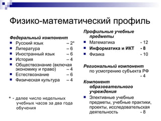 Физико-математический профиль Федеральный компонент Русский язык  – 2* Литература  – 6 Иностранный язык  – 6 История  – 4 Обществознание (включая экономику и право)  – 4 Естествознание  – 6 Физическая культура  – 4 Профильные учебные предметы Математика - 12 Информатика и ИКТ - 8 Физика - 10 Региональный компонент   по усмотрению субъекта РФ - 4 Компонент образовательного учреждения Элективные учебные предметы, учебные практики, проекты, исследовательская деятельность - 8 * - далее число недельных учебных часов за два года обучения 