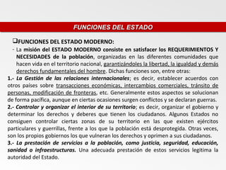 FUNCIONES DEL ESTADO
                            FUNCIONES DEL ESTADO

  FUNCIONES DEL ESTADO MODERNO:
  - La misión del ESTADO MODERNO consiste en satisfacer los REQUERIMIENTOS Y
    NECESIDADES de la población, organizadas en las diferentes comunidades que
    hacen vida en el territorio nacional, garantizándoles la libertad, la igualdad y demás
    derechos fundamentales del hombre. Dichas funciones son, entre otras:
1.- La Gestión de las relaciones internacionales; es decir, establecer acuerdos con
otros países sobre transacciones económicas, intercambios comerciales, tránsito de
personas, modificación de fronteras, etc. Generalmente estos aspectos se solucionan
de forma pacífica, aunque en ciertas ocasiones surgen conflictos y se declaran guerras.
2.- Controlar y organizar el interior de su territorio; es decir, organizar el gobierno y
determinar los derechos y deberes que tienen los ciudadanos. Algunos Estados no
consiguen controlar ciertas zonas de su territorio en las que existen ejércitos
particulares y guerrillas, frente a los que la población está desprotegida. Otras veces,
son los propios gobiernos los que vulneran los derechos y oprimen a sus ciudadanos.
3.- La prestación de servicios a la población, como justicia, seguridad, educación,
sanidad o infraestructuras. Una adecuada prestación de estos servicios legitima la
autoridad del Estado.
 