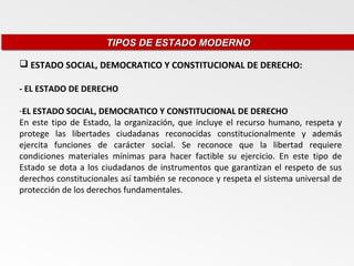 TIPOS DE ESTADO MODERNO
                      TIPOS DE ESTADO MODERNO

 ESTADO SOCIAL, DEMOCRATICO Y CONSTITUCIONAL DE DERECHO:

- EL ESTADO DE DERECHO

-EL ESTADO SOCIAL, DEMOCRATICO Y CONSTITUCIONAL DE DERECHO
En este tipo de Estado, la organización, que incluye el recurso humano, respeta y
protege las libertades ciudadanas reconocidas constitucionalmente y además
ejercita funciones de carácter social. Se reconoce que la libertad requiere
condiciones materiales mínimas para hacer factible su ejercicio. En este tipo de
Estado se dota a los ciudadanos de instrumentos que garantizan el respeto de sus
derechos constitucionales así también se reconoce y respeta el sistema universal de
protección de los derechos fundamentales.
 