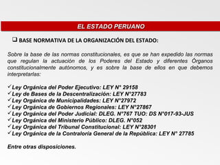 EL ESTADO PERUANO
                             EL ESTADO PERUANO

  BASE NORMATIVA DE LA ORGANIZACIÓN DEL ESTADO:

Sobre la base de las normas constitucionales, es que se han expedido las normas
que regulan la actuación de los Poderes del Estado y diferentes Órganos
constitucionalmente autónomos, y es sobre la base de ellos en que debemos
interpretarlas:

Ley Orgánica del Poder Ejecutivo: LEY N° 29158
Ley de Bases de la Descentralización: LEY N°27783
Ley Orgánica de Municipalidades: LEY N°27972
Ley Orgánica de Gobiernos Regionales: LEY N°27867
Ley Orgánica del Poder Judicial: DLEG. N°767 TUO: DS N°017-93-JUS
Ley Orgánica del Ministerio Público: DLEG. N°052
Ley Orgánica del Tribunal Constitucional: LEY N°28301
Ley Orgánica de la Contraloría General de la República: LEY N° 27785

Entre otras disposiciones.
 