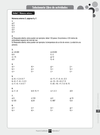 Solucionario Libro de actividades
Unidad 1 Números enteros 




                                                                  LLIBRO DE ACTIVIDADES




                                                                         57
                                                                  SOLUCIONARIO




                             Proyecto CreaMundos   Matemática 7
 