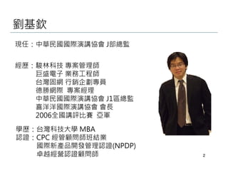 劉基欽
現任：中華民國國際演講協會 J部總監


經歷：駿林科技 專案管理師
   巨盛電子 業務工程師
   台灣固網 行銷企劃專員
   德勝網際 專案經理
   中華民國國際演講協會 J1區總監
   喜洋洋國際演講協會 會長
   2006全國講評比賽 亞軍

學歷：台灣科技大學 MBA
認證：CPC 經管顧問師班結業
   國際新產品開發管理認證(NPDP)
   卓越經營認證顧問師           2
 