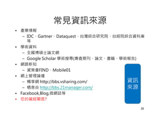 常見資訊來源
• 產業情報
   – IDC、Gartner、Dataquest、台灣綜合研究院、台經院綜合資料庫
     等
• 學術資料
   – 全國博碩士論文網
   – Google Scholar 學術搜尋(專查期刊、論文、書籍、學術報告)
• 網路新知
   – 資策會FIND、Mobile01
• 網上管理論壇
   – 暢享網 http://bbs.vsharing.com/      資訊
   – 栖息谷 http://bbs.21manager.com/     來源
• Facebook,Blog,微網誌等
• 您的藏經閣是?

                                         35
 