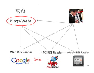 網路

Blogs/Webs




Web RSS Reader          PC RSS Reader   Mobile RSS Reader

                 Sync
                                                       47
 