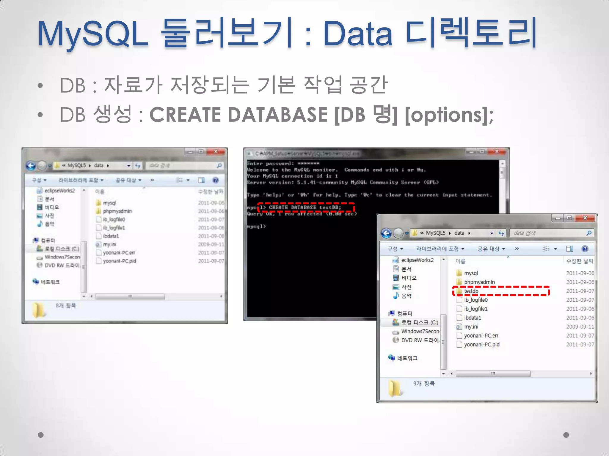 MySQL 둘러보기 : Data 디렉토리DB : 자료가 저장되는 기본 작업 공간DB 생성 : CREATE DATABASE [DB 명] [options];