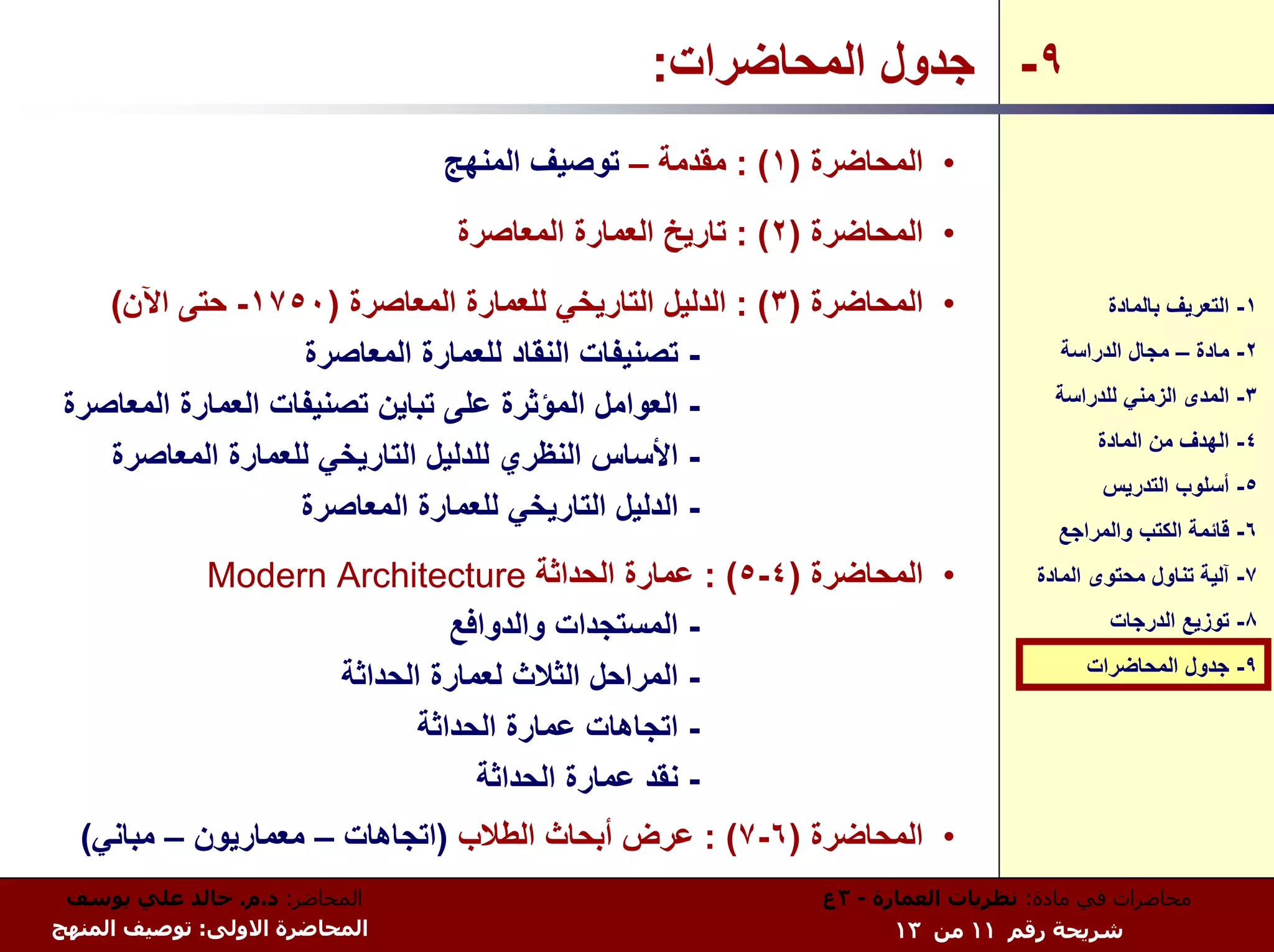 ‫٩- ﺟﺪول اﻟﻤﺤﺎﺿﺮات:‬
                               ‫• اﻟﻤﺤﺎﺿﺮة )١( : ﻣﻘﺪﻣﺔ – ﺗﻮﺻﻴﻒ اﻟﻤﻨﻬﺞ‬
                               ‫• اﻟﻤﺤﺎﺿﺮة )٢( : ﺗﺎرﻳﺦ اﻟﻌﻤﺎرة اﻟﻤﻌﺎﺻﺮة‬
    ‫• اﻟﻤﺤﺎﺿﺮة )٣( : اﻟﺪﻟﻴﻞ اﻟﺘﺎرﻳﺨﻲ ﻟﻠﻌﻤﺎرة اﻟﻤﻌﺎﺻﺮة )٠٥٧١- ﺣﺘﻰ اﻵن(‬                  ‫١- اﻟﺘﻌﺮﻳﻒ ﺑﺎﻟﻤﺎدة‬

                    ‫- ﺗﺼﻨﻴﻔﺎت اﻟﻨﻘﺎد ﻟﻠﻌﻤﺎرة اﻟﻤﻌﺎﺻﺮة‬                             ‫٢- ﻣﺎدة – ﻣﺠﺎل اﻟﺪراﺳﺔ‬

 ‫- اﻟﻌﻮاﻣﻞ اﻟﻤﺆﺛﺮة ﻋﻠﻰ ﺗﺒﺎﻳﻦ ﺗﺼﻨﻴﻔﺎت اﻟﻌﻤﺎرة اﻟﻤﻌﺎﺻﺮة‬                            ‫٣- اﻟﻤﺪى اﻟﺰﻣﻨﻲ ﻟﻠﺪراﺳﺔ‬
                                                                                      ‫٤- اﻟﻬﺪف ﻣﻦ اﻟﻤﺎدة‬
    ‫- اﻷﺳﺎس اﻟﻨﻈﺮي ﻟﻠﺪﻟﻴﻞ اﻟﺘﺎرﻳﺨﻲ ﻟﻠﻌﻤﺎرة اﻟﻤﻌﺎﺻﺮة‬
                                                                                       ‫٥- أﺳﻠﻮب اﻟﺘﺪرﻳﺲ‬
                    ‫- اﻟﺪﻟﻴﻞ اﻟﺘﺎرﻳﺨﻲ ﻟﻠﻌﻤﺎرة اﻟﻤﻌﺎﺻﺮة‬
                                                                                  ‫٦- ﻗﺎﺋﻤﺔ اﻟﻜﺘﺐ واﻟﻤﺮاﺟﻊ‬
             ‫• اﻟﻤﺤﺎﺿﺮة )٤-٥( : ﻋﻤﺎرة اﻟﺤﺪاﺛﺔ ‪Modern Architecture‬‬              ‫٧- ﺁﻟﻴﺔ ﺗﻨﺎول ﻣﺤﺘﻮى اﻟﻤﺎدة‬

                              ‫- اﻟﻤﺴﺘﺠﺪات واﻟﺪواﻓﻊ‬                                     ‫٨- ﺗﻮزﻳﻊ اﻟﺪرﺟﺎت‬
                                                                                     ‫٩- ﺟﺪول اﻟﻤﺤﺎﺿﺮات‬
                    ‫- اﻟﻤﺮاﺣﻞ اﻟﺜﻼث ﻟﻌﻤﺎرة اﻟﺤﺪاﺛﺔ‬
                           ‫- اﺗﺠﺎهﺎت ﻋﻤﺎرة اﻟﺤﺪاﺛﺔ‬
                                ‫- ﻧﻘﺪ ﻋﻤﺎرة اﻟﺤﺪاﺛﺔ‬
  ‫• اﻟﻤﺤﺎﺿﺮة )٦-٧( : ﻋﺮض أﺑﺤﺎث اﻟﻄﻼب )اﺗﺠﺎهﺎت – ﻣﻌﻤﺎرﻳﻮن – ﻣﺒﺎﻧﻲ(‬
 ‫اﻟﻤﺤﺎﺿﺮ: د.م. ﺧﺎﻟﺪ ﻋﻠﻲ ﻳﻮﺳﻒ‬                               ‫ﻣﺤﺎﺿﺮات ﻓﻲ ﻣﺎدة: ﻧﻈﺮﻳﺎت اﻟﻌﻤﺎرة - ٣ع‬
‫اﻟﻤﺤﺎﺿﺮة اﻻوﻟﻰ: ﺗﻮﺻﻴﻒ اﻟﻤﻨﻬﺞ‬                                      ‫ﺷﺮﻳﺤﺔ رﻗﻢ ١١ ﻣﻦ ٣١‬
 