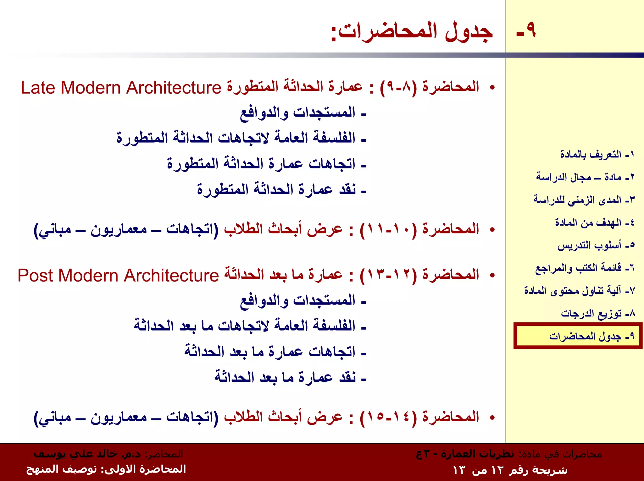 ‫٩- ﺟﺪول اﻟﻤﺤﺎﺿﺮات:‬
‫• اﻟﻤﺤﺎﺿﺮة )٨-٩( : ﻋﻤﺎرة اﻟﺤﺪاﺛﺔ اﻟﻤﺘﻄﻮرة ‪Late Modern Architecture‬‬
                               ‫- اﻟﻤﺴﺘﺠﺪات واﻟﺪواﻓﻊ‬
           ‫- اﻟﻔﻠﺴﻔﺔ اﻟﻌﺎﻣﺔ ﻻﺗﺠﺎهﺎت اﻟﺤﺪاﺛﺔ اﻟﻤﺘﻄﻮرة‬
                                                                                   ‫١- اﻟﺘﻌﺮﻳﻒ ﺑﺎﻟﻤﺎدة‬
                   ‫- اﺗﺠﺎهﺎت ﻋﻤﺎرة اﻟﺤﺪاﺛﺔ اﻟﻤﺘﻄﻮرة‬
                                                                              ‫٢- ﻣﺎدة – ﻣﺠﺎل اﻟﺪراﺳﺔ‬
                        ‫- ﻧﻘﺪ ﻋﻤﺎرة اﻟﺤﺪاﺛﺔ اﻟﻤﺘﻄﻮرة‬                         ‫٣- اﻟﻤﺪى اﻟﺰﻣﻨﻲ ﻟﻠﺪراﺳﺔ‬
                                                                                  ‫٤- اﻟﻬﺪف ﻣﻦ اﻟﻤﺎدة‬
  ‫• اﻟﻤﺤﺎﺿﺮة )٠١-١١( : ﻋﺮض أﺑﺤﺎث اﻟﻄﻼب )اﺗﺠﺎهﺎت – ﻣﻌﻤﺎرﻳﻮن – ﻣﺒﺎﻧﻲ(‬
                                                                                   ‫٥- أﺳﻠﻮب اﻟﺘﺪرﻳﺲ‬
                                                                              ‫٦- ﻗﺎﺋﻤﺔ اﻟﻜﺘﺐ واﻟﻤﺮاﺟﻊ‬
‫• اﻟﻤﺤﺎﺿﺮة )٢١-٣١( : ﻋﻤﺎرة ﻣﺎ ﺑﻌﺪ اﻟﺤﺪاﺛﺔ ‪Post Modern Architecture‬‬
                                                                           ‫٧- ﺁﻟﻴﺔ ﺗﻨﺎول ﻣﺤﺘﻮى اﻟﻤﺎدة‬
                                ‫- اﻟﻤﺴﺘﺠﺪات واﻟﺪواﻓﻊ‬
                                                                                   ‫٨- ﺗﻮزﻳﻊ اﻟﺪرﺟﺎت‬
             ‫- اﻟﻔﻠﺴﻔﺔ اﻟﻌﺎﻣﺔ ﻻﺗﺠﺎهﺎت ﻣﺎ ﺑﻌﺪ اﻟﺤﺪاﺛﺔ‬                             ‫٩- ﺟﺪول اﻟﻤﺤﺎﺿﺮات‬
                      ‫- اﺗﺠﺎهﺎت ﻋﻤﺎرة ﻣﺎ ﺑﻌﺪ اﻟﺤﺪاﺛﺔ‬
                           ‫- ﻧﻘﺪ ﻋﻤﺎرة ﻣﺎ ﺑﻌﺪ اﻟﺤﺪاﺛﺔ‬

  ‫• اﻟﻤﺤﺎﺿﺮة )٤١-٥١( : ﻋﺮض أﺑﺤﺎث اﻟﻄﻼب )اﺗﺠﺎهﺎت – ﻣﻌﻤﺎرﻳﻮن – ﻣﺒﺎﻧﻲ(‬
  ‫اﻟﻤﺤﺎﺿﺮ: د.م. ﺧﺎﻟﺪ ﻋﻠﻲ ﻳﻮﺳﻒ‬                          ‫ﻣﺤﺎﺿﺮات ﻓﻲ ﻣﺎدة: ﻧﻈﺮﻳﺎت اﻟﻌﻤﺎرة - ٣ع‬
 ‫اﻟﻤﺤﺎﺿﺮة اﻻوﻟﻰ: ﺗﻮﺻﻴﻒ اﻟﻤﻨﻬﺞ‬                                 ‫ﺷﺮﻳﺤﺔ رﻗﻢ ٢١ ﻣﻦ ٣١‬
 