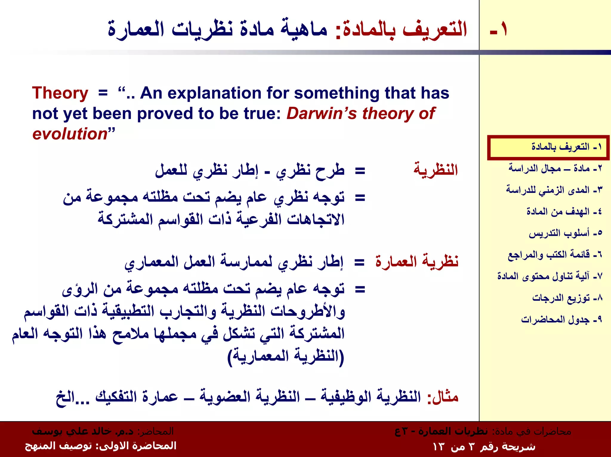 ‫١- اﻟﺘﻌﺮﻳﻒ ﺑﺎﻟﻤﺎدة: ﻣﺎهﻴﺔ ﻣﺎدة ﻧﻈﺮﻳﺎت اﻟﻌﻤﺎرة‬

  ‫‪Theory = “.. An explanation for something that has‬‬
  ‫‪not yet been proved to be true: Darwin’s theory of‬‬
  ‫”‪evolution‬‬
                                                                                       ‫١- اﻟﺘﻌﺮﻳﻒ ﺑﺎﻟﻤﺎدة‬

                    ‫= ﻃﺮح ﻧﻈﺮي - إﻃﺎر ﻧﻈﺮي ﻟﻠﻌﻤﻞ‬              ‫اﻟﻨﻈﺮﻳﺔ‬             ‫٢- ﻣﺎدة – ﻣﺠﺎل اﻟﺪراﺳﺔ‬
                                                                                 ‫٣- اﻟﻤﺪى اﻟﺰﻣﻨﻲ ﻟﻠﺪراﺳﺔ‬
        ‫= ﺗﻮﺟﻪ ﻧﻈﺮي ﻋﺎم ﻳﻀﻢ ﺗﺤﺖ ﻣﻈﻠﺘﻪ ﻣﺠﻤﻮﻋﺔ ﻣﻦ‬
                                                                                      ‫٤- اﻟﻬﺪف ﻣﻦ اﻟﻤﺎدة‬
            ‫اﻻﺗﺠﺎهﺎت اﻟﻔﺮﻋﻴﺔ ذات اﻟﻘﻮاﺳﻢ اﻟﻤﺸﺘﺮآﺔ‬
                                                                                       ‫٥- أﺳﻠﻮب اﻟﺘﺪرﻳﺲ‬
                                                                                  ‫٦- ﻗﺎﺋﻤﺔ اﻟﻜﺘﺐ واﻟﻤﺮاﺟﻊ‬
                  ‫ﻧﻈﺮﻳﺔ اﻟﻌﻤﺎرة = إﻃﺎر ﻧﻈﺮي ﻟﻤﻤﺎرﺳﺔ اﻟﻌﻤﻞ اﻟﻤﻌﻤﺎري‬
                                                                               ‫٧- ﺁﻟﻴﺔ ﺗﻨﺎول ﻣﺤﺘﻮى اﻟﻤﺎدة‬
        ‫= ﺗﻮﺟﻪ ﻋﺎم ﻳﻀﻢ ﺗﺤﺖ ﻣﻈﻠﺘﻪ ﻣﺠﻤﻮﻋﺔ ﻣﻦ اﻟﺮؤى‬                                       ‫٨- ﺗﻮزﻳﻊ اﻟﺪرﺟﺎت‬
  ‫واﻷﻃﺮوﺣﺎت اﻟﻨﻈﺮﻳﺔ واﻟﺘﺠﺎرب اﻟﺘﻄﺒﻴﻘﻴﺔ ذات اﻟﻘﻮاﺳﻢ‬                                   ‫٩- ﺟﺪول اﻟﻤﺤﺎﺿﺮات‬
‫اﻟﻤﺸﺘﺮآﺔ اﻟﺘﻲ ﺗﺸﻜﻞ ﻓﻲ ﻣﺠﻤﻠﻬﺎ ﻣﻼﻣﺢ هﺬا اﻟﺘﻮﺟﻪ اﻟﻌﺎم‬
                                  ‫)اﻟﻨﻈﺮﻳﺔ اﻟﻤﻌﻤﺎرﻳﺔ(‬

      ‫ﻣﺜﺎل: اﻟﻨﻈﺮﻳﺔ اﻟﻮﻇﻴﻔﻴﺔ – اﻟﻨﻈﺮﻳﺔ اﻟﻌﻀﻮﻳﺔ – ﻋﻤﺎرة اﻟﺘﻔﻜﻴﻚ ...اﻟﺦ‬
  ‫اﻟﻤﺤﺎﺿﺮ: د.م. ﺧﺎﻟﺪ ﻋﻠﻲ ﻳﻮﺳﻒ‬                              ‫ﻣﺤﺎﺿﺮات ﻓﻲ ﻣﺎدة: ﻧﻈﺮﻳﺎت اﻟﻌﻤﺎرة - ٣ع‬
 ‫اﻟﻤﺤﺎﺿﺮة اﻻوﻟﻰ: ﺗﻮﺻﻴﻒ اﻟﻤﻨﻬﺞ‬                                     ‫ﺷﺮﻳﺤﺔ رﻗﻢ ٣ ﻣﻦ ٣١‬
 