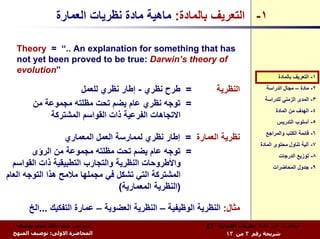 ‫١- اﻟﺘﻌﺮﻳﻒ ﺑﺎﻟﻤﺎدة: ﻣﺎهﻴﺔ ﻣﺎدة ﻧﻈﺮﻳﺎت اﻟﻌﻤﺎرة‬

  ‫‪Theory = “.. An explanation for something that has‬‬
  ‫‪not yet been proved to be true: Darwin’s theory of‬‬
  ‫”‪evolution‬‬
                                                                                       ‫١- اﻟﺘﻌﺮﻳﻒ ﺑﺎﻟﻤﺎدة‬

                    ‫= ﻃﺮح ﻧﻈﺮي - إﻃﺎر ﻧﻈﺮي ﻟﻠﻌﻤﻞ‬              ‫اﻟﻨﻈﺮﻳﺔ‬             ‫٢- ﻣﺎدة – ﻣﺠﺎل اﻟﺪراﺳﺔ‬
                                                                                 ‫٣- اﻟﻤﺪى اﻟﺰﻣﻨﻲ ﻟﻠﺪراﺳﺔ‬
        ‫= ﺗﻮﺟﻪ ﻧﻈﺮي ﻋﺎم ﻳﻀﻢ ﺗﺤﺖ ﻣﻈﻠﺘﻪ ﻣﺠﻤﻮﻋﺔ ﻣﻦ‬
                                                                                      ‫٤- اﻟﻬﺪف ﻣﻦ اﻟﻤﺎدة‬
            ‫اﻻﺗﺠﺎهﺎت اﻟﻔﺮﻋﻴﺔ ذات اﻟﻘﻮاﺳﻢ اﻟﻤﺸﺘﺮآﺔ‬
                                                                                       ‫٥- أﺳﻠﻮب اﻟﺘﺪرﻳﺲ‬
                                                                                  ‫٦- ﻗﺎﺋﻤﺔ اﻟﻜﺘﺐ واﻟﻤﺮاﺟﻊ‬
                  ‫ﻧﻈﺮﻳﺔ اﻟﻌﻤﺎرة = إﻃﺎر ﻧﻈﺮي ﻟﻤﻤﺎرﺳﺔ اﻟﻌﻤﻞ اﻟﻤﻌﻤﺎري‬
                                                                               ‫٧- ﺁﻟﻴﺔ ﺗﻨﺎول ﻣﺤﺘﻮى اﻟﻤﺎدة‬
        ‫= ﺗﻮﺟﻪ ﻋﺎم ﻳﻀﻢ ﺗﺤﺖ ﻣﻈﻠﺘﻪ ﻣﺠﻤﻮﻋﺔ ﻣﻦ اﻟﺮؤى‬                                       ‫٨- ﺗﻮزﻳﻊ اﻟﺪرﺟﺎت‬
  ‫واﻷﻃﺮوﺣﺎت اﻟﻨﻈﺮﻳﺔ واﻟﺘﺠﺎرب اﻟﺘﻄﺒﻴﻘﻴﺔ ذات اﻟﻘﻮاﺳﻢ‬                                   ‫٩- ﺟﺪول اﻟﻤﺤﺎﺿﺮات‬
‫اﻟﻤﺸﺘﺮآﺔ اﻟﺘﻲ ﺗﺸﻜﻞ ﻓﻲ ﻣﺠﻤﻠﻬﺎ ﻣﻼﻣﺢ هﺬا اﻟﺘﻮﺟﻪ اﻟﻌﺎم‬
                                  ‫)اﻟﻨﻈﺮﻳﺔ اﻟﻤﻌﻤﺎرﻳﺔ(‬

      ‫ﻣﺜﺎل: اﻟﻨﻈﺮﻳﺔ اﻟﻮﻇﻴﻔﻴﺔ – اﻟﻨﻈﺮﻳﺔ اﻟﻌﻀﻮﻳﺔ – ﻋﻤﺎرة اﻟﺘﻔﻜﻴﻚ ...اﻟﺦ‬
  ‫اﻟﻤﺤﺎﺿﺮ: د.م. ﺧﺎﻟﺪ ﻋﻠﻲ ﻳﻮﺳﻒ‬                              ‫ﻣﺤﺎﺿﺮات ﻓﻲ ﻣﺎدة: ﻧﻈﺮﻳﺎت اﻟﻌﻤﺎرة - ٣ع‬
 ‫اﻟﻤﺤﺎﺿﺮة اﻻوﻟﻰ: ﺗﻮﺻﻴﻒ اﻟﻤﻨﻬﺞ‬                                     ‫ﺷﺮﻳﺤﺔ رﻗﻢ ٣ ﻣﻦ ٣١‬
 