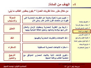 ‫٤- اﻟﻬﺪف ﻣﻦ اﻟﻤﺎدة:‬
     ‫ﻣﻦ ﺧﻼل ﻣﻘﺮر ﻣﺎدة ﻧﻈﺮﻳﺎت اﻟﻌﻤﺎرة ٣ ﻳﻜﻮن ﺑﻤﻘﺪور اﻟﻄﺎﻟﺐ ﻣﺎ ﻳﻠﻲ:‬

     ‫اﻟﻤﻌﺮﻓﺔ‬             ‫• ﺗﻜﻮﻳﻦ ﺻﻮرة ذهﻨﻴﺔ واﺿﺤﺔ ﻋﻦ اﻟﻨﻈﺮﻳﺎت اﻟﻤﻌﻤﺎرﻳﺔ اﻟﺘﻲ‬
    ‫واﻻﺳﺘﻴﻌﺎب‬                      ‫ﻇﻬﺮت ﻣﻦ ﻣﻨﺘﺼﻒ اﻟﻘﺮن اﻟﺜﺎﻣﻦ ﻋﺸﺮ وﺣﺘﻰ اﻵن‬                       ‫١- اﻟﺘﻌﺮﻳﻒ ﺑﺎﻟﻤﺎدة‬
                                                                                            ‫٢- ﻣﺎدة – ﻣﺠﺎل اﻟﺪراﺳﺔ‬
                        ‫• اﻟﺮﺑﻂ ﺑﻴﻦ اﻟﻨﻈﺮﻳﺔ اﻟﻤﻌﻤﺎرﻳﺔ وﻣﻌﻄﻴﺎت اﻟﺰﻣﺎن واﻟﻤﻜﺎن‬
      ‫اﻟﺘﺤﻠﻴﻞ‬             ‫اﻟﺬي ﺷﻬﺪ ﻣﻴﻼدهﺎ وﻧﺸﺄﺗﻬﺎ، وﺗﺤﻠﻴﻞ اﻟﻌﻼﻗﺔ اﻟﺘﺒﺎدﻟﻴﺔ ﺑﻴﻨﻬﻤﺎ‬
                                                                                           ‫٣- اﻟﻤﺪى اﻟﺰﻣﻨﻲ ﻟﻠﺪراﺳﺔ‬
                                                                                                ‫٤- اﻟﻬﺪف ﻣﻦ اﻟﻤﺎدة‬
                                                                                                 ‫٥- أﺳﻠﻮب اﻟﺘﺪرﻳﺲ‬
        ‫اﻟﻨﻘﺪ‬                        ‫• ﻧﻘﺪ اﻻﺗﺠﺎهﺎت واﻟﻨﻈﺮﻳﺎت اﻟﻤﻌﻤﺎرﻳﺔ وﺗﻘﻴﻴﻤﻬﺎ.‬           ‫٦- ﻗﺎﺋﻤﺔ اﻟﻜﺘﺐ واﻟﻤﺮاﺟﻊ‬
                                                                                         ‫٧- ﺁﻟﻴﺔ ﺗﻨﺎول ﻣﺤﺘﻮى اﻟﻤﺎدة‬
                                                                                                 ‫٨- ﺗﻮزﻳﻊ اﻟﺪرﺟﺎت‬
     ‫اﻻﺳﺘﻘﺮاء‬                             ‫• اﺳﺘﻘﺮاء اﻻﺗﺠﺎهﺎت اﻟﻤﻌﻤﺎرﻳﺔ اﻟﻤﺴﺘﻘﺒﻠﻴﺔ‬              ‫٩- ﺟﺪول اﻟﻤﺤﺎﺿﺮات‬



     ‫اﻟﺘﺮﺟﻴﺢ‬            ‫• ﺗﻜﻮﻳﻦ ﻗﻨﺎﻋﺎت ذاﺗﻴﺔ ﺑﺎﻻﺗﺠﺎﻩ اﻟﻤﻌﻤﺎري اﻟﻤﺘﻮاﻓﻖ ﻣﻊ‬
     ‫واﻻﺧﺘﻴﺎر‬                                   ‫ﺷﺨﺼﻴﺔ اﻟﻄﺎﻟﺐ وواﻗﻌﻪ اﻟﻤﺤﻴﻂ‬

 ‫اﻟﻤﺤﺎﺿﺮ: د.م. ﺧﺎﻟﺪ ﻋﻠﻲ ﻳﻮﺳﻒ‬                                         ‫ﻣﺤﺎﺿﺮات ﻓﻲ ﻣﺎدة: ﻧﻈﺮﻳﺎت اﻟﻌﻤﺎرة - ٣ع‬
‫اﻟﻤﺤﺎﺿﺮة اﻻوﻟﻰ: ﺗﻮﺻﻴﻒ اﻟﻤﻨﻬﺞ‬                                                ‫ﺷﺮﻳﺤﺔ رﻗﻢ ٦ ﻣﻦ ٣١‬
 