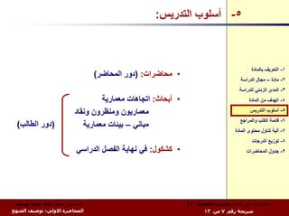 ‫٥- أﺳﻠﻮب اﻟﺘﺪرﻳﺲ:‬



                                                                                        ‫١- اﻟﺘﻌﺮﻳﻒ ﺑﺎﻟﻤﺎدة‬
                               ‫• ﻣﺤﺎﺿﺮات: )دور اﻟﻤﺤﺎﺿﺮ(‬
                                                                                   ‫٢- ﻣﺎدة – ﻣﺠﺎل اﻟﺪراﺳﺔ‬
                                                                                  ‫٣- اﻟﻤﺪى اﻟﺰﻣﻨﻲ ﻟﻠﺪراﺳﺔ‬
                                 ‫• أﺑﺤﺎث: اﺗﺠﺎهﺎت ﻣﻌﻤﺎرﻳﺔ‬                              ‫٤- اﻟﻬﺪف ﻣﻦ اﻟﻤﺎدة‬

                        ‫ﻣﻌﻤﺎرﻳﻮن وﻣﻨﻈﺮون وﻧﻘﺎد‬                                          ‫٥- أﺳﻠﻮب اﻟﺘﺪرﻳﺲ‬
                                                                                   ‫٦- ﻗﺎﺋﻤﺔ اﻟﻜﺘﺐ واﻟﻤﺮاﺟﻊ‬
  ‫)دور اﻟﻄﺎﻟﺐ(‬             ‫ﻣﺒﺎﻧﻲ – ﺑﻴﺌﺎت ﻣﻌﻤﺎرﻳﺔ‬
                                                                                ‫٧- ﺁﻟﻴﺔ ﺗﻨﺎول ﻣﺤﺘﻮى اﻟﻤﺎدة‬
                                                                                        ‫٨- ﺗﻮزﻳﻊ اﻟﺪرﺟﺎت‬
                         ‫• آﺸﻜﻮل: ﻓﻲ ﻧﻬﺎﻳﺔ اﻟﻔﺼﻞ اﻟﺪراﺳﻲ‬                              ‫٩- ﺟﺪول اﻟﻤﺤﺎﺿﺮات‬




 ‫اﻟﻤﺤﺎﺿﺮ: د.م. ﺧﺎﻟﺪ ﻋﻠﻲ ﻳﻮﺳﻒ‬                                ‫ﻣﺤﺎﺿﺮات ﻓﻲ ﻣﺎدة: ﻧﻈﺮﻳﺎت اﻟﻌﻤﺎرة - ٣ع‬
‫اﻟﻤﺤﺎﺿﺮة اﻻوﻟﻰ: ﺗﻮﺻﻴﻒ اﻟﻤﻨﻬﺞ‬                                       ‫ﺷﺮﻳﺤﺔ رﻗﻢ ٧ ﻣﻦ ٣١‬
 