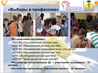 «Выборы в профессию» ДУ – участники программы: - БОУ ВО «Усть-Кубинский детский дом» - БОУ ВО «Кадниковский детский дом №4» - БОУ ВО «Кадниковский социальный приют для детей» - БОУ ВО «Кадниковский детский дом №2» - МОУ «Вологодский детский дом №5» - БОУ ВО "Вологодский детский дом №1" Количество воспитанников ДУ – участников программы:  78 человек  Количество волонтеров, участников проекта:  29 человека Проект реализуется с 2010 года. 